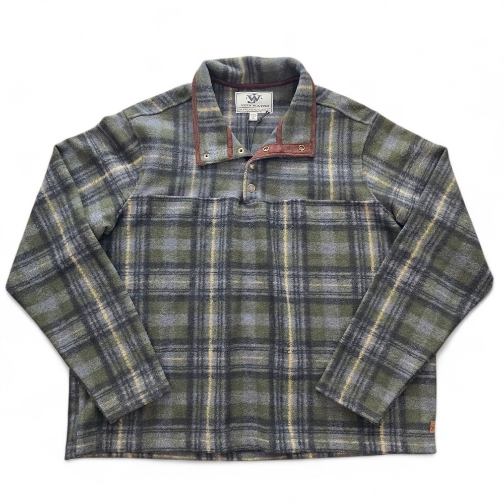 John Wayne Wooly Fleece Pullover Shirt 2XL Olive Green Plaid Western Ranchwear